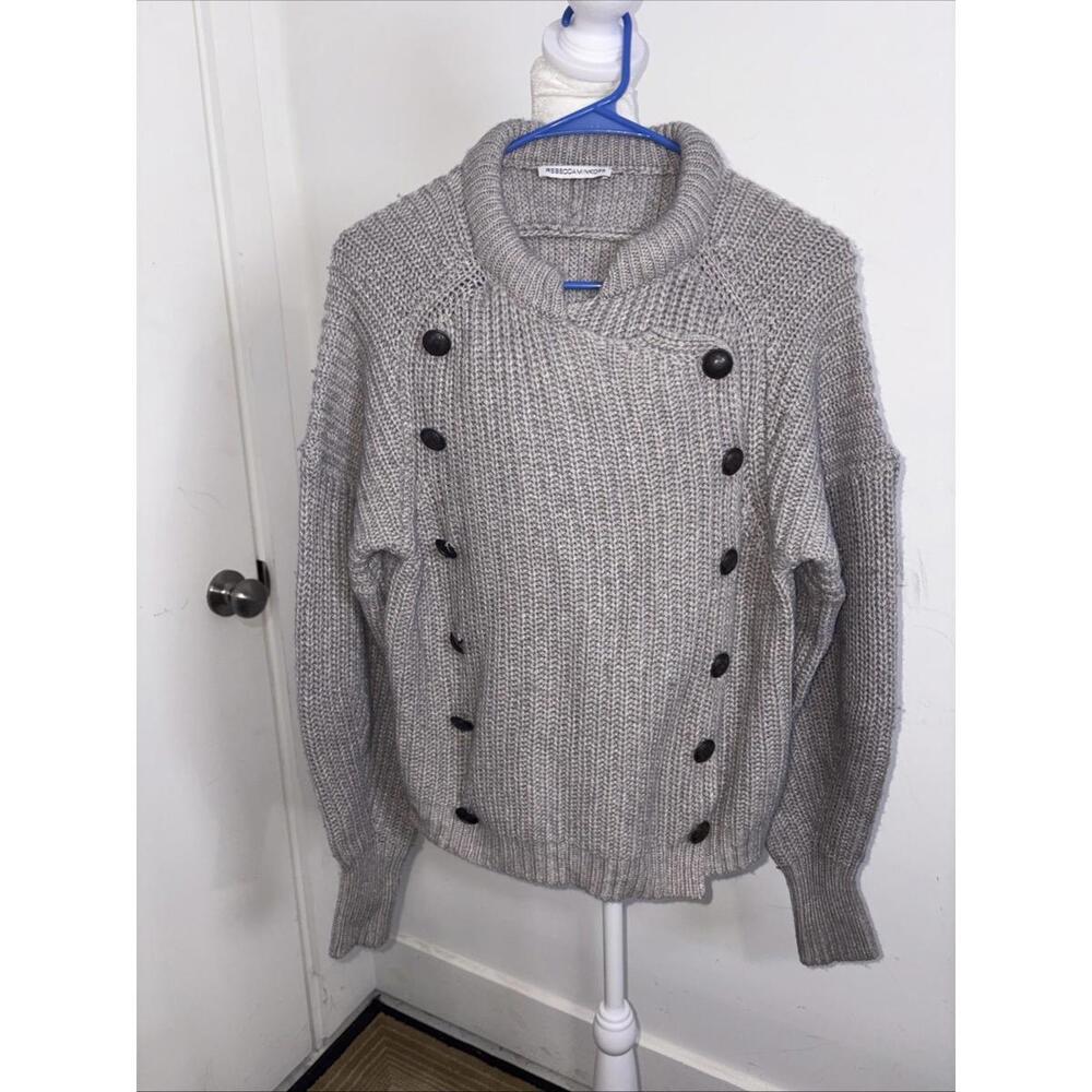 Rare Rebecca Minkoff Double Breasted Sweater Gray Brass Buttons Chunky Boxy S